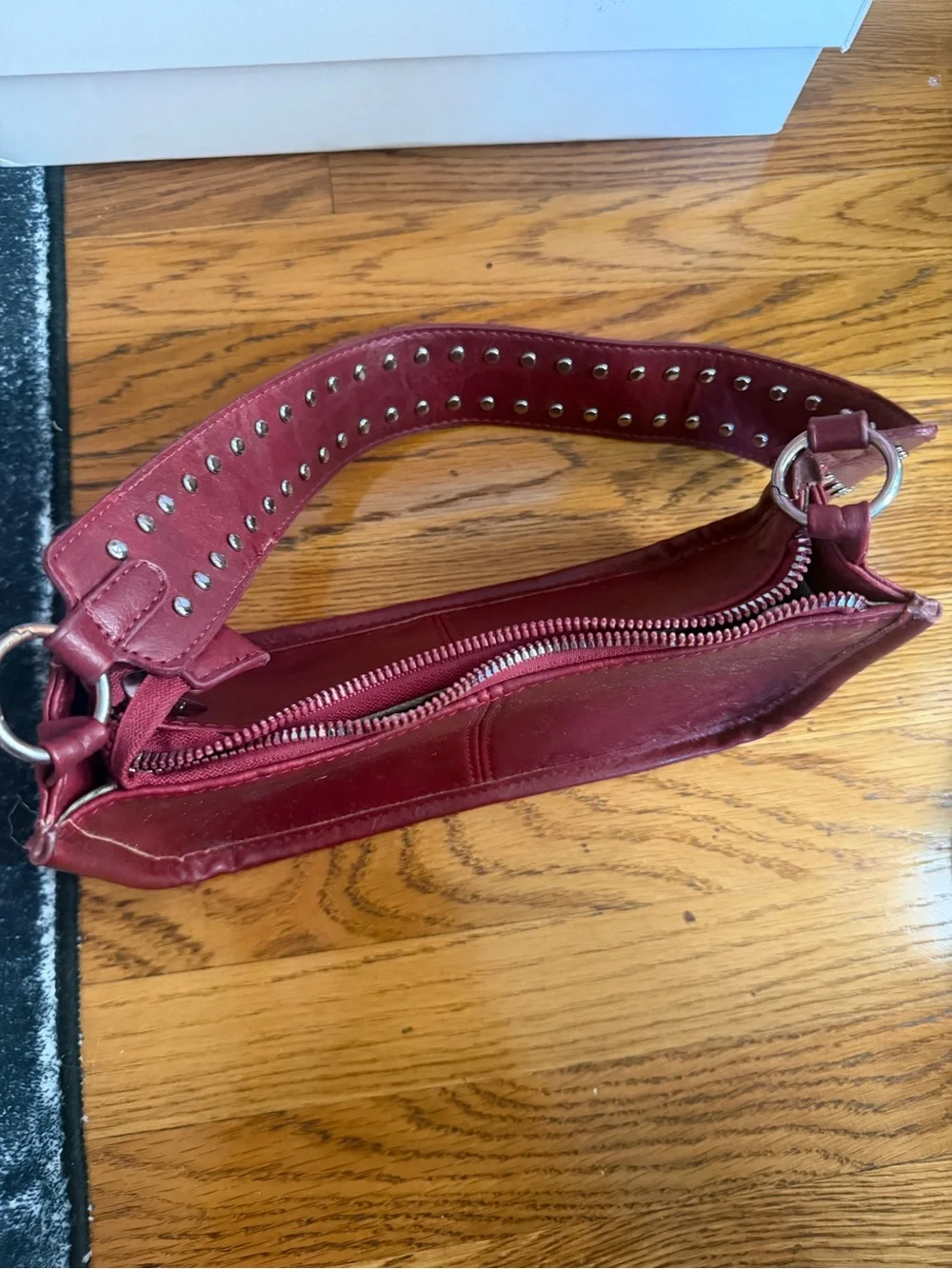 Studded Strap Burgundy Leather Shoulder Bag